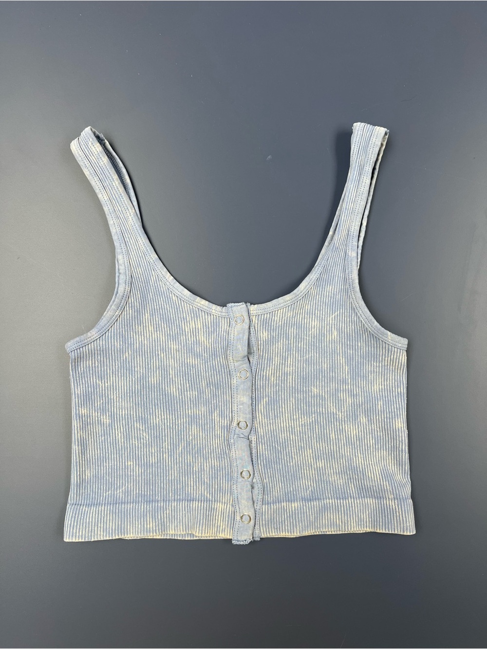 Ribbed Button-Front Crop Tank - Light Blue